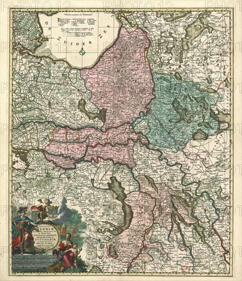 Map, Ducatus Geldriae Batavae et Hispanicae, in tetrarchias Noviomagi, Arnhemii, Ruremondae & Zutphaniae comitatûs distinctae, Carel Allard (1648-1709), Copperplate print
