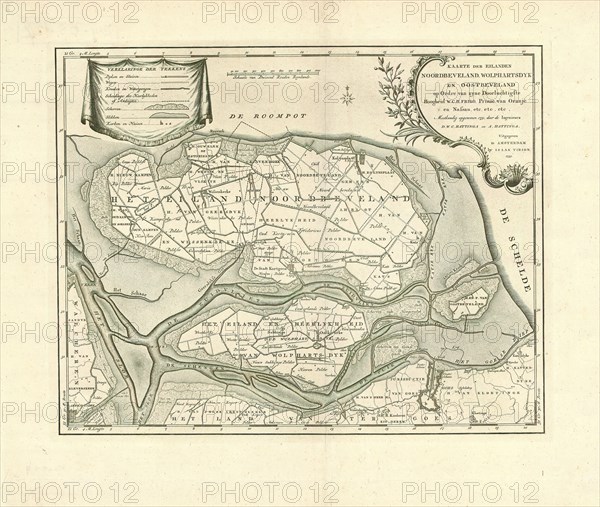 Map, Kaarte der eilanden Noordbeveland, Wolphartsdyk en Oostbeveland, David Willem Coutry Hattinga (1730-1789), Copperplate print