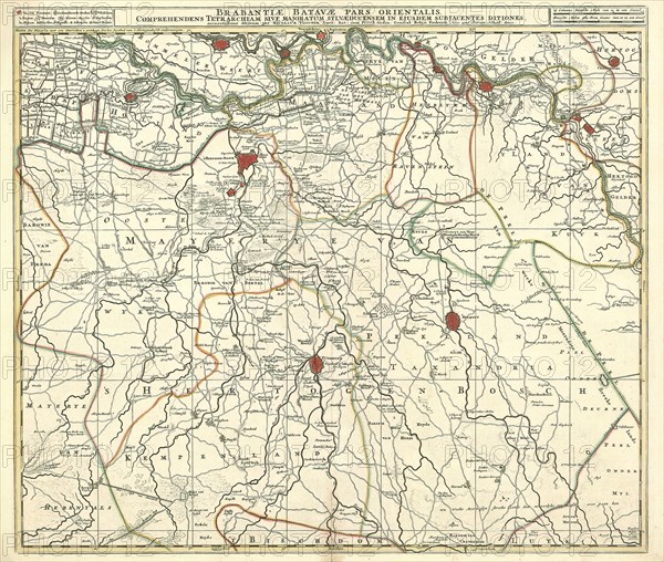 Map, Brabantiae Batavae pars orientalis, comprehendens tetrarchiam sive majoratum Sylvaeducensem in ejusdem subjacentes ditiones, accuratissime divisum, Nicolaes Jansz. Visscher (1649-1702), Copperplate print