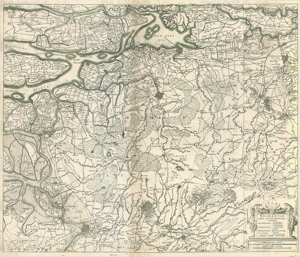 Map, Brabantiae pars septentrionalis continens marchionatus S. Rom. Impery, Bergozomanum, comitatus Hoochstratensem, Cantacrucianum, Oelanum, Baroniam Bredanam, territoria Ryense, Herentaliae etc, Copperplate print