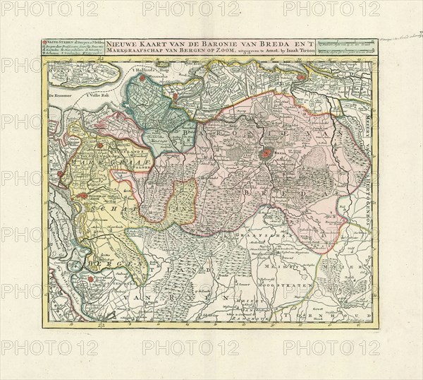 Map, Nieuwe kaart van de Baronie van Breda en 't Markgraafschap van Bergen op Zoom, Jacob Keyser (1710-1745 fl.), Copperplate print