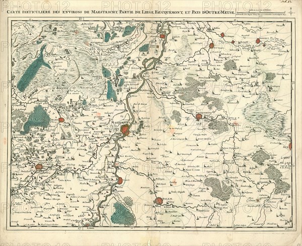 Map, Carte particuliere des environs de Maestricht, partie de Liege, Faucquemont, et Pays d'Outre-Meuse, J. Harrewijn (1660-1727), Copperplate print