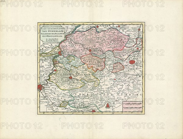 Map, Nieuwe en naauwkeurige kaart van de drie landen van Overmaaze, Valkenburg, Daalhem en 's Hertogenrade, Jacob Keyser (1710-1745 fl.), Copperplate print