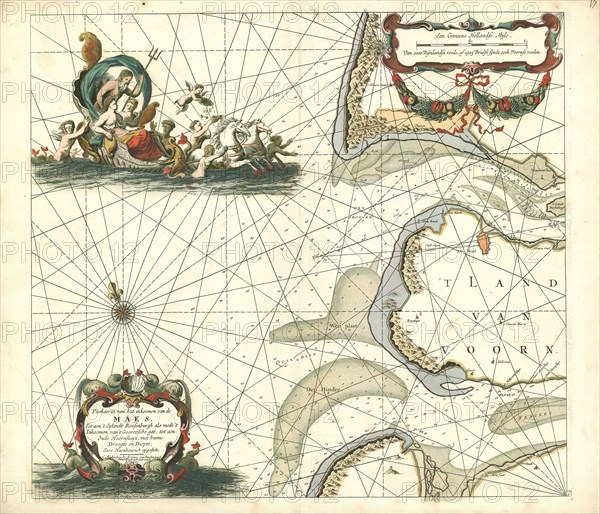 Map, Paskaerte van het inkoomen van de Maes tot aen 't Eylandt Roosenburgh als mede 't inkoomen van 't Goereesche gat tot aen Oude Hoornsluys, met hunne droogte en diepte, Johannes van Keulen (1654-1715), Copperplate print