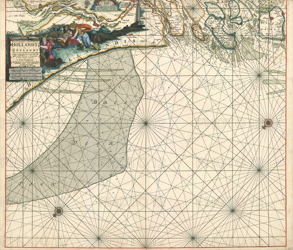 Map, Paskaarte begr?pende in zich de kusten van Hollandt en Zeelandt waer in vertoont werde alle de havens rivieren diepte drooghte en ankergrondt welck men op jder plaets heeft tusschen 't ylandt Walcheren en Camperdu?n, Copperplate print