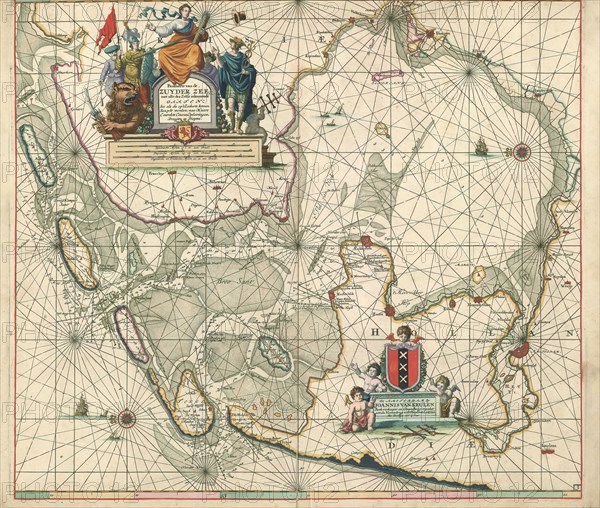Map, Paskaarte van de, Zuyder Zee, met alle des zelfs inkomende gaaten: soo als die op 't zeekerts konnen bezeylt worden: naa haare courekte course, opdoeningen, droogten en diepten, Copperplate print