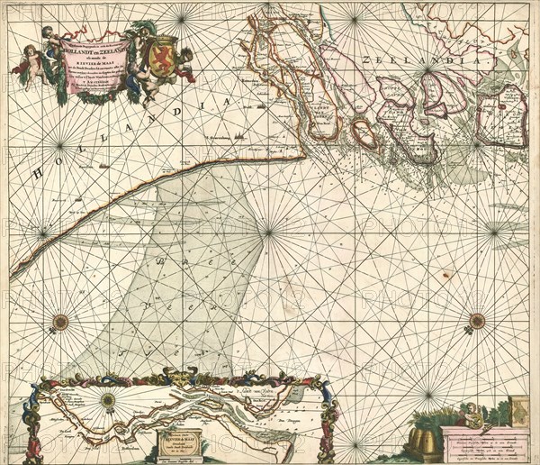 Map, Paskaerte begrypende in zich de kusten van Hollandt en Zeelandt als meede de rievier de Maas tot de stadt Dordrecht en voorts alle de havens met haer droochte en diepten die gelege syn tussen 't ylandt Walcheren, en Kamperduyn, Copperplate print