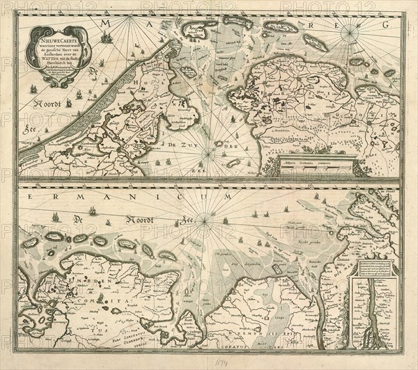 Map, Nieuwe caerte waerinne vertoont wordt de gantsche vaert van Amsterdam over de Watten tot de stadt Hamborch toe, Henricus Hondius (1597-1651), Copperplate print