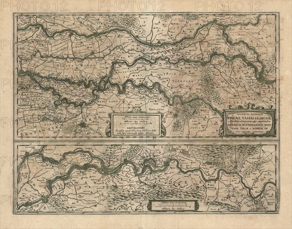 Map, Descriptio fluminum Rheni, Vahalis et Mosae a Rheno Berca ad Goricomium usque, comprehendens imperium Noviomagense, Bataviam, Tielae et Bomelii insulas, regionesque conterminas, Copperplate print