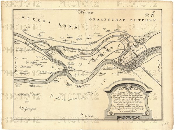Map, Caarte figuratif, van de doorbraak in den Spyksen Dyk A° 1741, en van de exoneratie van 't water over de Spykse landen, tot in den Ouden Rhyn, Melchior Bolstra (1704-1779), Copperplate print