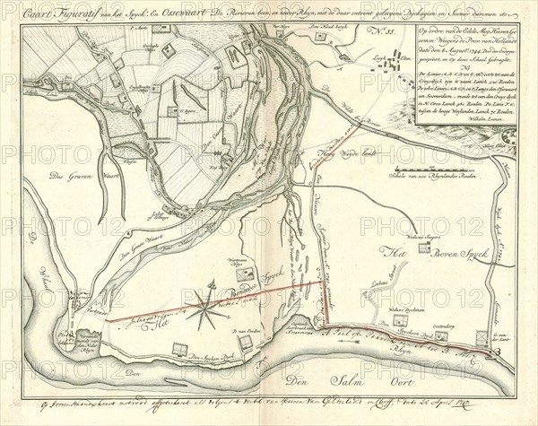 Map, Caart figuratif van het Spyck, en Ossewaart de rivieren boven, en needer Rhyn, met de daar ontrent geleegene dyckagien en soomer dammen etc., Wilhelm Leenen (c. 1690-1764), Copperplate print