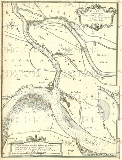 Map, Kaart van den ingang van het Panderse canaal, en van de rivier de Waal, boven en beneden het zelve, met de ontlozing van het canaal in den Neder Rhyn, Melchior Bolstra (1704-1779), Copperplate print