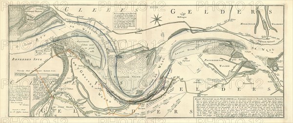 Map, Kaart figuratief van den Waal-stroom, van Schenken-schans tot beneeden het canaal te Pannerden, Wilhelm Leenen (c. 1690-1764), Copperplate print