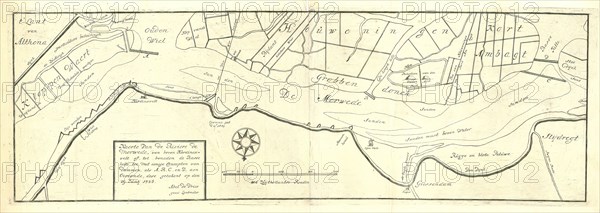 Map, Kaerte van de Riviere de Merwede, van boven Hardincxvelt af, tot beneden de Basse kille toe, met eenige concepten van dammen, als A, B, C en D aen oirconde, dese getekent op den 29 Jun? 1726, Abel de Vries (1652-1732), Copperplate print