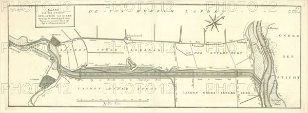 Map, Kaart tot het project ontlasting van de Lek boven langs den Diefdyk tot in de Linge waar op een gemeeten kaart volgt langs de Linge tot in de Merwe, Melchior Bolstra (1704-1779), Copperplate print