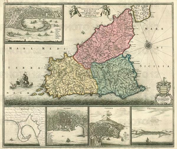 Map, Insula sive regnum Siciliæ, Frederick de Wit (1630-1706), Copperplate print