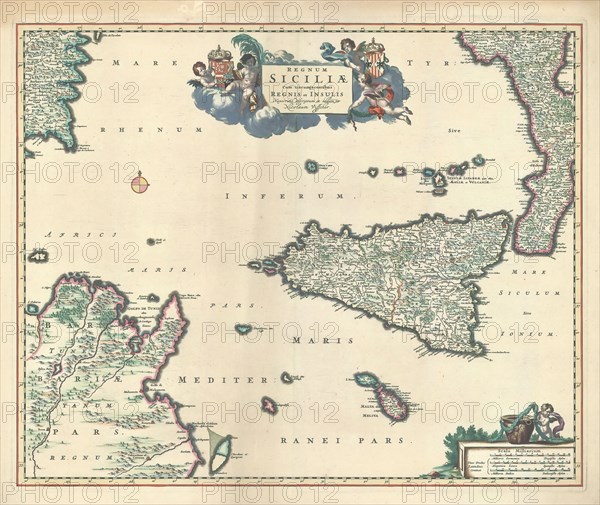 Map, Regnum Siciliae cum circumjacentibus regnis et insulis, Nicolaes Jansz. Visscher (1649-1702), Copperplate print