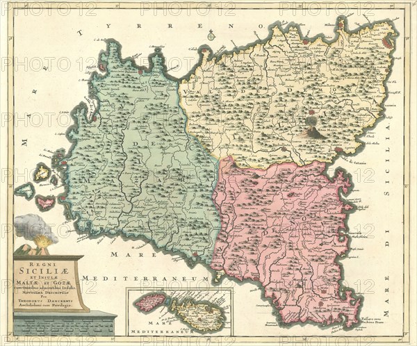 Map, Regni Siciliae et insulae Maltae et Gozae cum omnibus adjacentibus insulis novissima descriptio, Theodorus Danckerts (1663-1727), Copperplate print