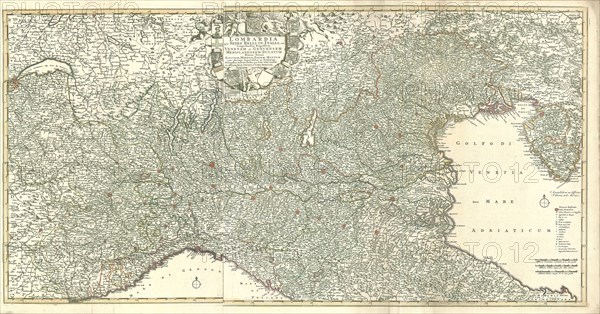 Map, Lombardia quae sedes belli in Italia est comprehendens respublicas Venetam et Genuensem Mediolanensem ducatum status ducum Sabaudiae, Modenae, Parmae, Mantuae cum plurimis imperialibus et ecclesiast. ditionibus insertis feudis, Frederick de Wit (1630-1706), Copperplate print