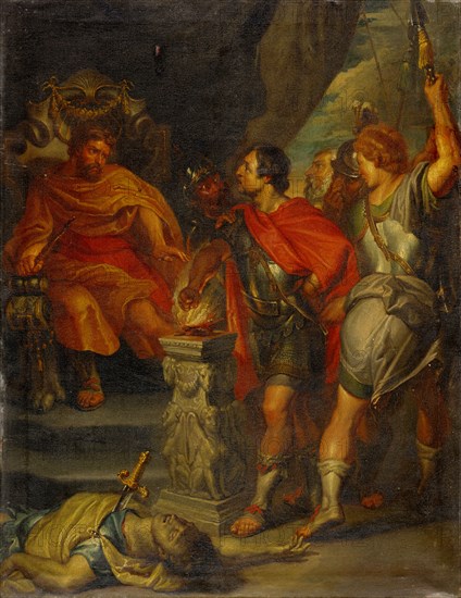 Mucius Scaevola in front of Porsenna, oil on canvas, 51.5 x 39.5 cm, signed on the reverse, top left: N ° 112, JRHuber pinxit [JRH ligated], Johann Rudolf Huber d. Ä., Basel 1668–1748 Basel, Peter Paul Rubens, (Kopie nach / copy after), Siegen 1577–1640 Antwerpen