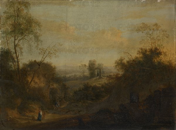 Landscape with Ruins and Staffage, Oil on Oak, 38 x 50.5 cm, Unmarked, Französischer Meister, 18. Jh.