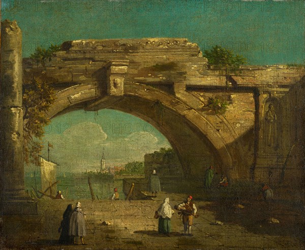 Capriccio with arch of ruins and mooring, oil on canvas, 34.6 x 42.3 cm, unmarked, Giovanni Antonio Canal gen. Canaletto, (Umkreis / circle), Venedig 1697–1768 Venedig