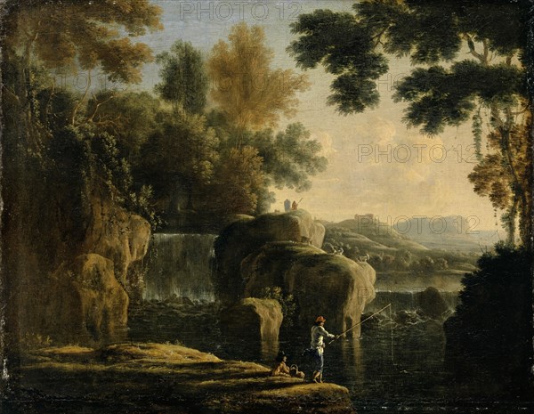 Waterfall with fishermen, oil on canvas, 38 x 47 cm, unsigned, Herman van Swanevelt, (?), Woerden 1603–1655 Paris