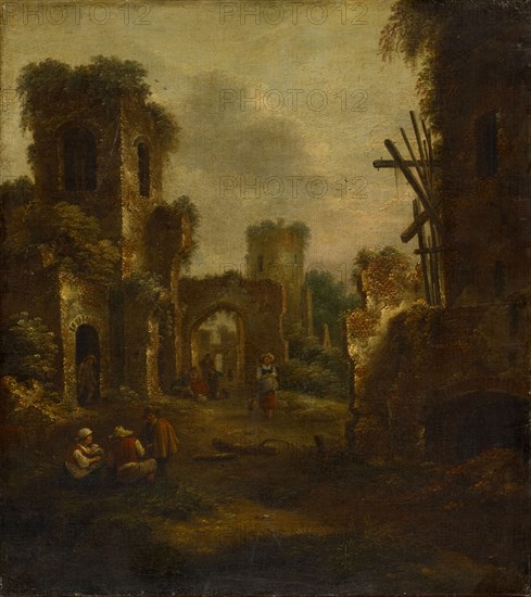 Castle ruins with staffage, 1658, oil on canvas, 44 x 39.5 cm, right above the entrance arch to the tower: K. molenaer, 1658, Klaes Molenaer, Haarlem 1628/29–1676 Haarlem