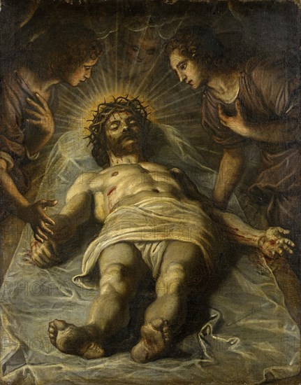The body of Christ is lamented by two angels, oil on canvas, 126.5 x 98.5 cm, unmarked, Jacopo Tintoretto, eigentl. Robusti, (Umkreis (?) / circle (?)), Venedig 1519–1594 Venedig