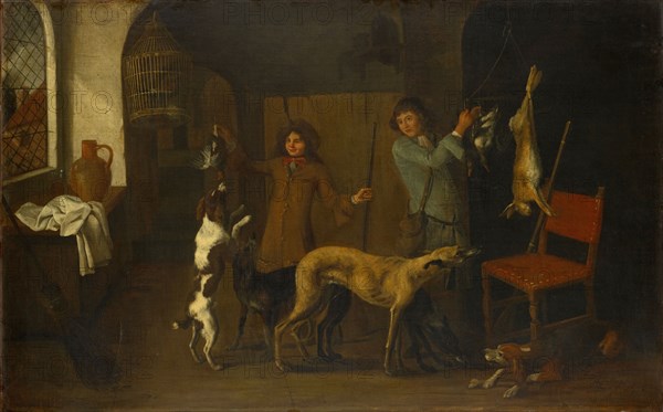 Interior with hunters and dogs, 1671, oil on canvas, 69 x 108.5 cm, monogrammed and dated lower right: JDC [ligated] f 1671, Jacques Adolphsz. de Claeuw (gen. Grief), Dordrecht 1623 – nach 1694 Leiden