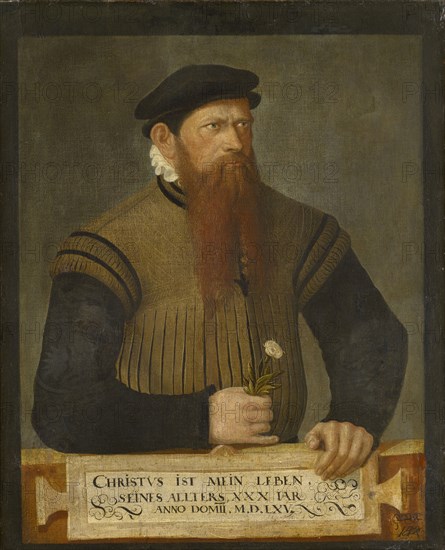 Portrait of a bearded man, 1565, oil on canvas, 63 x 50 cm, monogrammed and dated lower right: I. A. V. Z. R. G. 1565, on the inscription plate: CHRIST IS MY LIFE, HIS ALLTER XXX IAR, ANNO DOMI [N] I., M.D.LXV, ., Jost Amman, Zürich 1539–1591 Nürnberg