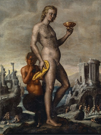 Bacchus with a drinking bowl, accompanied by a satyr, oil on canvas, 61.5 x 48 cm, unmarked, Martin Schermus, angeblich Deventer 16. Jh. (?)