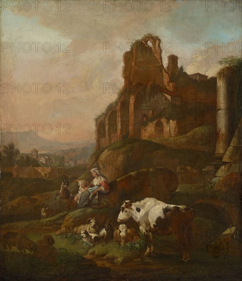 Shepherdess and flock at ancient ruins, 1667, oil on canvas, 75 x 65 cm, signed and dated on the front of the frame on the right edge of the picture: JHRoos [JHR ligiert] f.1667, Johann Heinrich Roos, Otterberg 1631–1685 Frankfurt a. M.