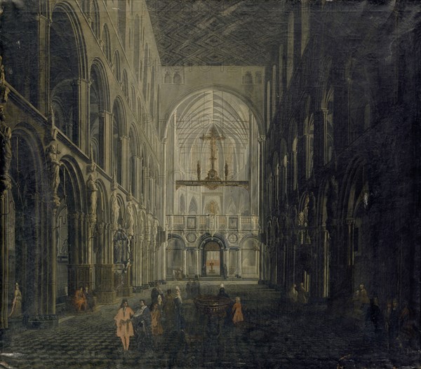 Interior of the Tournai Cathedral, 1671 (?), Oil on canvas, 111 x 125 cm, not specified., On the wooden beam below the crucifixion group: [ET] SICUT MOYSES EXALTAVIT SERPENTEM IN DESERTO (the opening words of Joh 3,14 in the Vulgate), Niederländischer Meister, 17. Jh., (?)