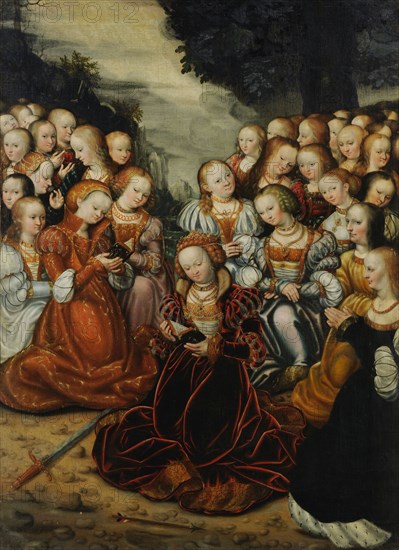 The hl., Ursula with her virgins, oil on canvas, 108 x 78 cm, unmarked, Lucas Cranach d. J., (Nachahmer / imitator), Wittenberg 1515–1586 Weimar