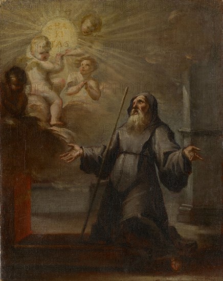 Vision of St., Francis of Paula, oil on canvas, 30 x 23.5 cm, unmarked., In the sun the inscription: CHA, RI, TAS, a erased inscription lower left., Süddeutscher Meister, 18. Jh., (?)