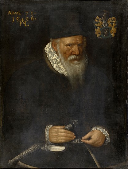 Portrait of Heinrich Luterburg, 1596, oil on canvas, 72.5 x 55.5 cm, unsigned, but dated and inscribed upper right: ÆTAT., 71 • 15 [ligated monogram HL] 96 •, Hans Bock d. Ä., (zugeschrieben / attributed to), Zabern/Elsass um 1550/52–1624 Basel