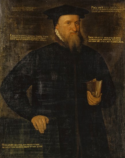 Portrait of Johannes Brandmüller, 1589, oil on canvas, 88 x 70 cm, not specified, but dated., Inscribed as follows:, Top left: IMAGINARIAM VITAM DUCIT, HOMO., PSAL, ., XXXIX.V.VII., Top right (in Greek): POIA GAR E ZOE UMON, ATMIS, GAR ESTIN E PROS OLIGON FAINOMENE, EPITA DE AFANISOMENE., IAC: 4.V.14, Left Over Shoulder: EGO IN IVSTITIA VIDEBO FACIES TVAS:, SATIABOR IN EVIGILANDO IMAGINEM TVAM:, DIXIT DAVID DOMINO [hebrew?] PSAL: 17.V.15., Right over the shoulder: IDEM, ORAT ET SPERAT D. IOANNES, BRANDMILLERVS, ECCLESIAE, BAS MINISTER: ANNO DNI 1589. ÆT: 56.MIN: 35.PRO: 8., Bottom left: TVDA GNATE DIE, VITÆ NOS NECCE PVDERE, NECCE ETIAM MORTIS POENI TVISSE QVEAT, Schweizerischer Meister, 16. Jh.