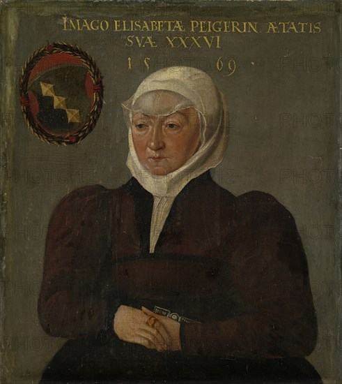 Portrait of Elisabeth Peyer von Schaffhausen, 1569, oil on canvas, 53.5 x 47.5 cm, not marked, but dated above: IMAGO ELISABETÆ PEIGERIN ÆTATIS, SVÆ XXXVI, 15 69 •, Abel Stimmer, (zugeschrieben / attributed to), Schaffhausen 1542– nach 1606 Baden-Baden