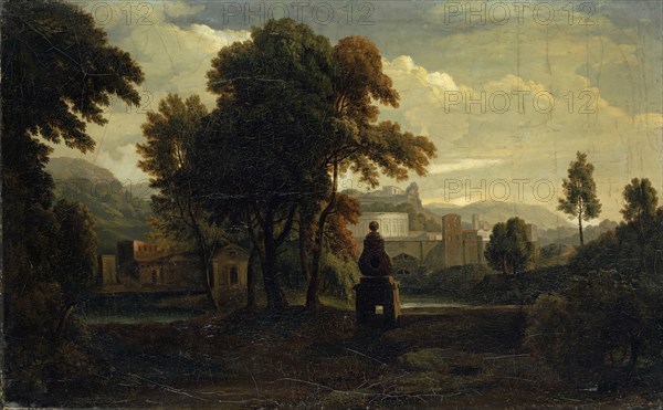 Ideal Italian landscape with a weir, oil on canvas, 68 x 110 cm, not specified, Französischer Meister, 18. Jh.