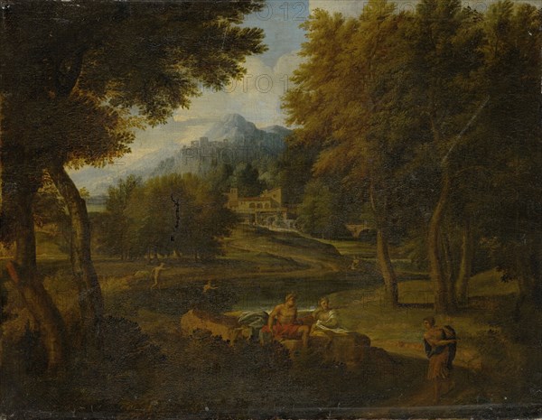 Landscape with bathers, oil on canvas, 62 x 81 cm, unmarked, Gaspard Dughet (Gaspard Poussin), (Umkreis / circle), Rom 1615–1675 Rom