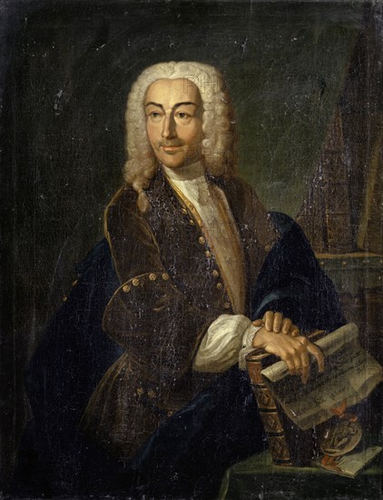 Portrait of the Hofrat Carl Friedrich Drollinger (1688-1742), oil on canvas, 81 x 63.5 cm, unmarked., Text on the document in the hand of the sitter., Johann Rudolf Huber d. Ä., Basel 1668–1748 Basel