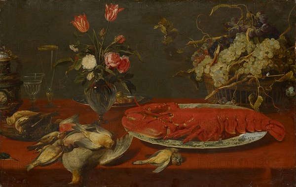 Still life with lobster and dead birds, oil on panel, transferred to canvas, 67 x 105 cm, not specified, Samuel Hofmann, (zugeschrieben / attributed to), Sax/St. Gallen um 1595–1649 Frankfurt a. M.