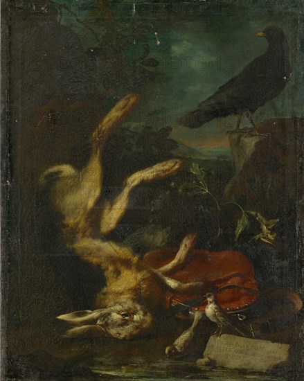 Still Life with Dead Rabbit and Birds, before 1717, oil on canvas, 96 x 75 cm, unsigned., On the stone right below the inscription: FROM THE PALAT., PALFFI., AVS., VNGERN., ANHERO., GESCIKT [sic!]., A ° j717., Italienischer Meister, 17. Jh.