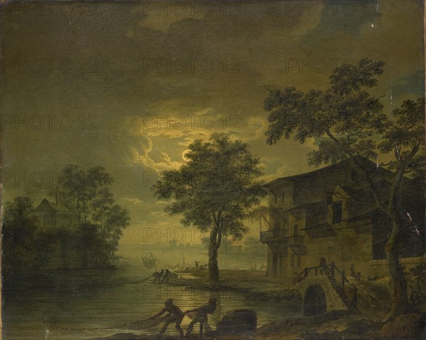River landscape with fishermen by moonlight, oil on canvas, 58 x 71 cm, not indicated, Jean François Huë, St. Arnoult-en-Yvelines 1751–1823 Paris