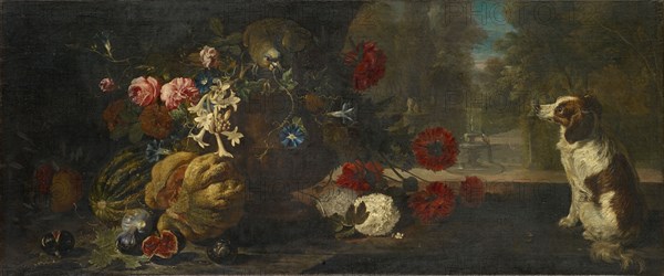 Still Life with Fruits and Flowers, Parrot and Dog, Oil on Canvas, 62 x 148 cm, Not Specified, David de Coninck, Antwerpen um 1644–nach 1701 Brüssel
