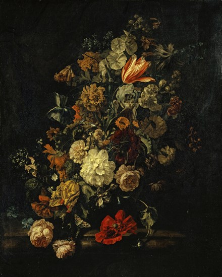 Still Life with Flowers, 1694, oil on canvas, 115.5 x 92.5 cm, signed and dated lower left at the front edge of the table below the top: Yes [retouching] Van Huysum 1694, Justus van Huysum, d. Ä., 1659–1716