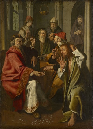 Judas returns the silver pieces, oil on canvas, 140 x 102 cm, Signed in the middle below the inkwell: J.W., STAP, Jan Woutersz. gen. Stap, 1599– Febr. 1663