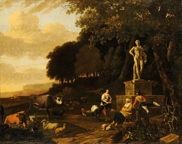 Italian Landscape, oil on canvas, 105.5 x 132.4 cm, Signed lower right on the stone: ABegeyn fe., Abraham Jansz. Begeyn, Leiden 1637/38–1697 Berlin