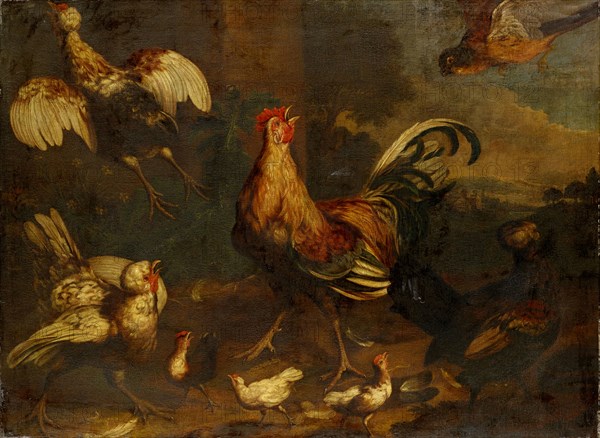Excitement in the poultry farm, oil on canvas, 95 x 129 cm, signed in light brown lower right: M. DE., [ligated] Hondekoeter, Melchior de Hondecoeter, Utrecht 1636–1695 Amsterdam